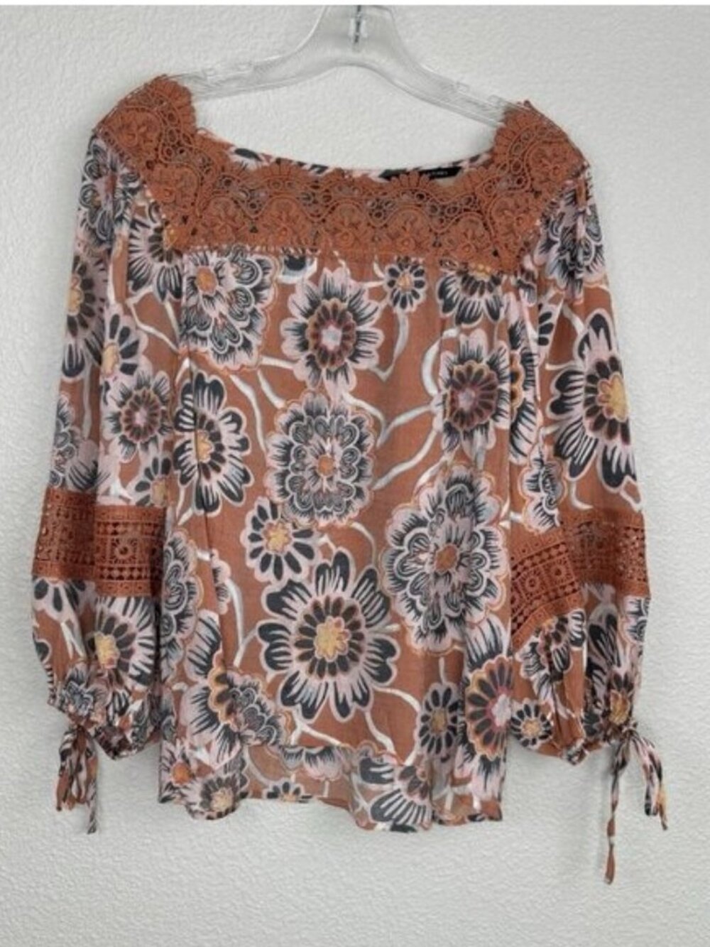Womens Blouse Medium Floral Print Crochet Lace Top Boho